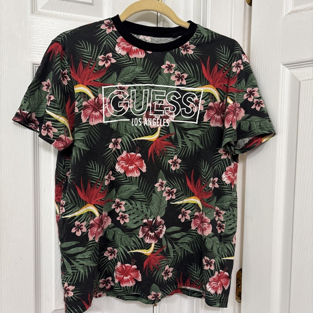Guess Los Angeles Tropical Hawaiian Floral T-Shirt Mens Medium Green Multi 90s